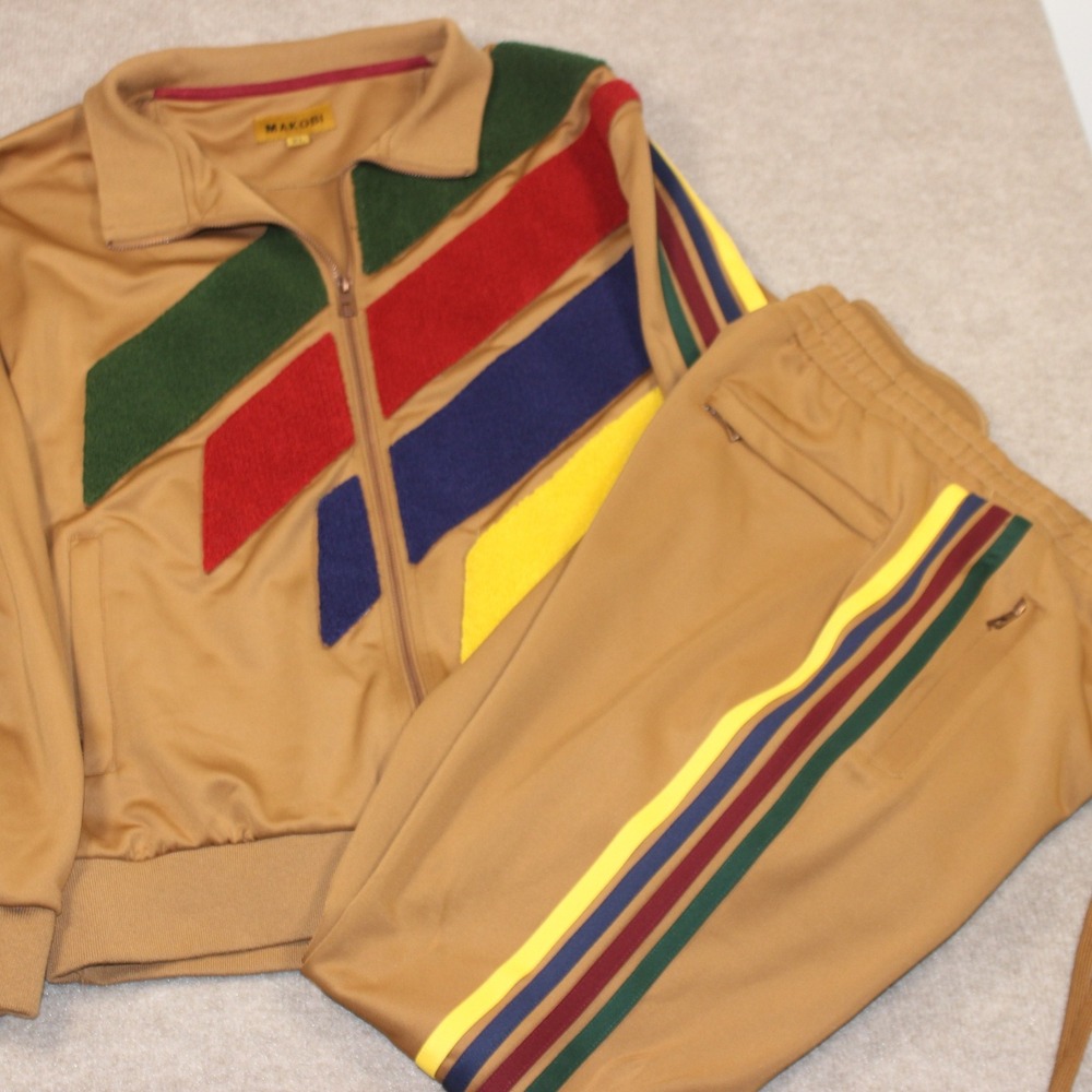 Makobi Mens XL Tracksuit Set Tan Camel Multi Color Stripe Zip Jacket Pants M2757